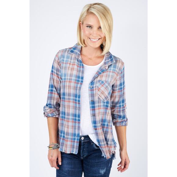 Cloth & Stone Aberdeen Indigo Plaid Check Raw Hem Frayed Top Small - Picture 1 of 7